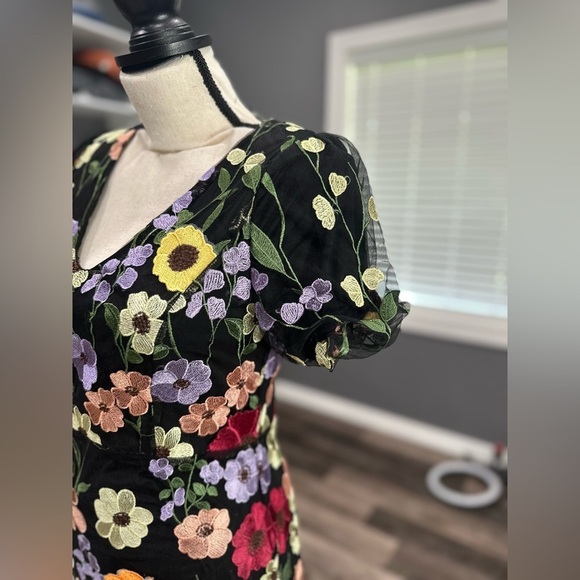 Adelyn Rae 3D Floral Embroidered Mesh V-Neck Short Sleeve Mini Dress Small NWT - Picture 3 of 8